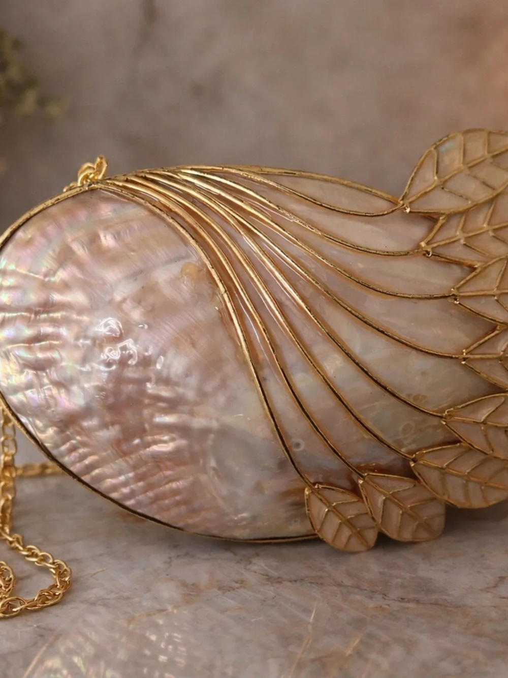 Mother of Pearl Shell Clutch Bag | Gold Leaf Evening Purse